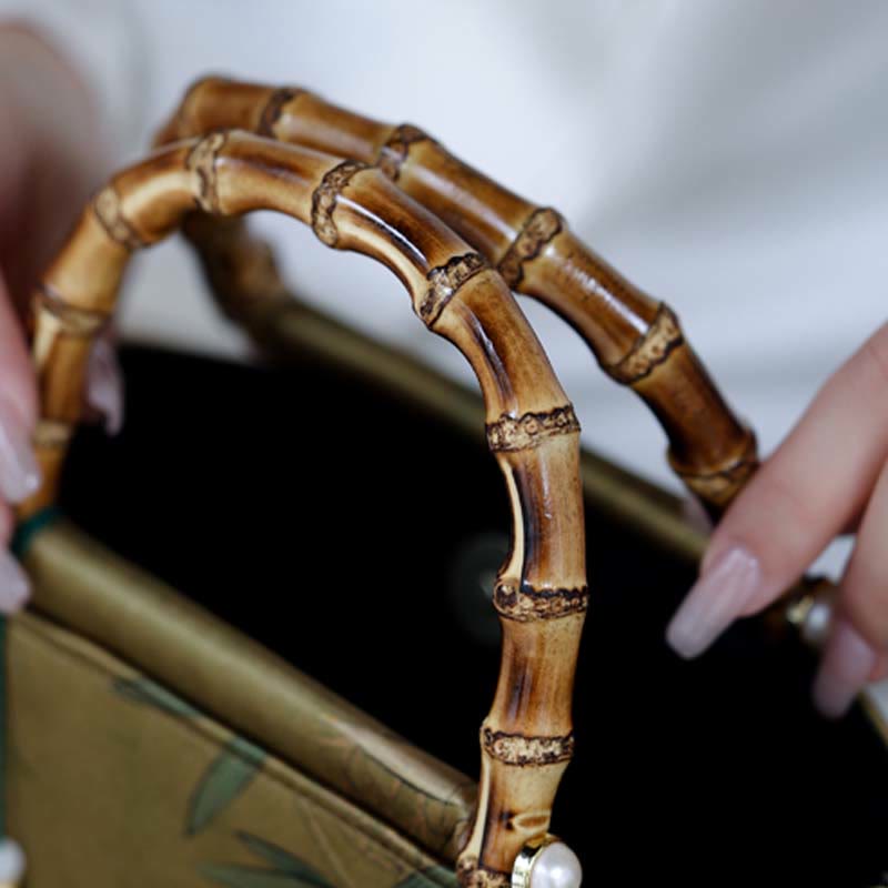 Sac à main avec poignées en bambou et feuilles de bambou jaunes et vertes en Buddha Stones