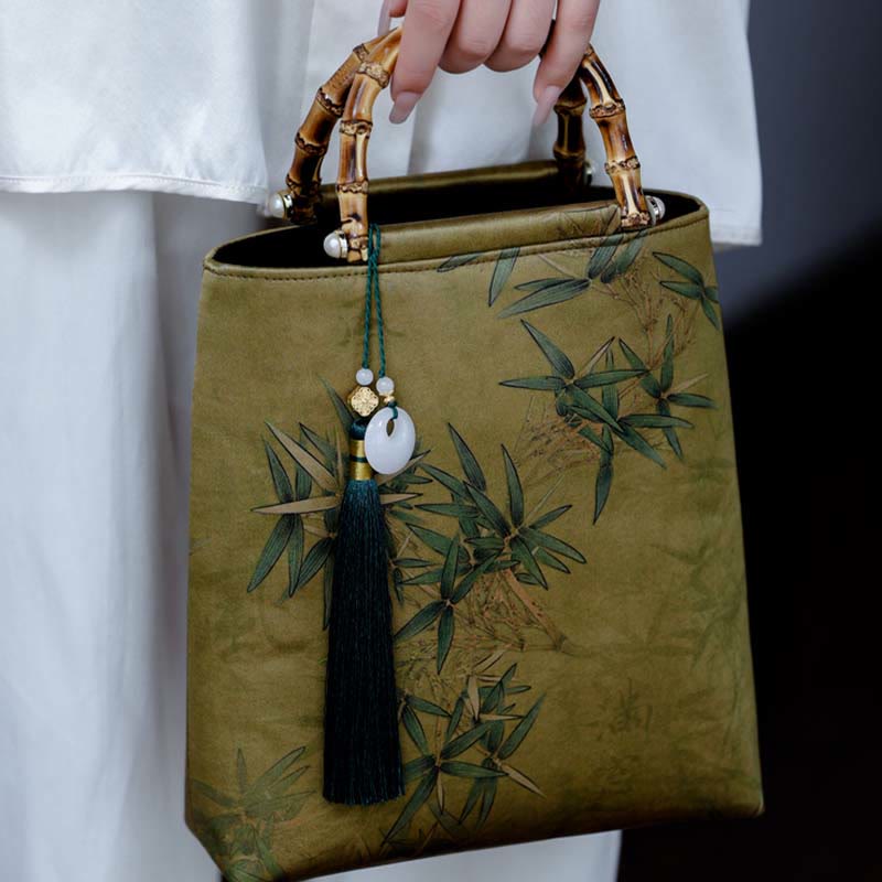 Sac à main avec poignées en bambou et feuilles de bambou jaunes et vertes en Buddha Stones