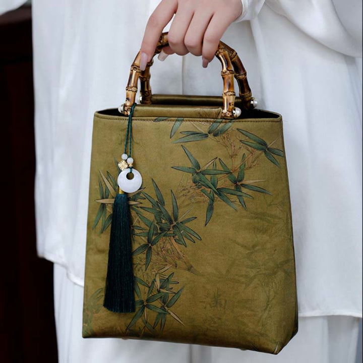 Sac à main avec poignées en bambou et feuilles de bambou jaunes et vertes en Buddha Stones