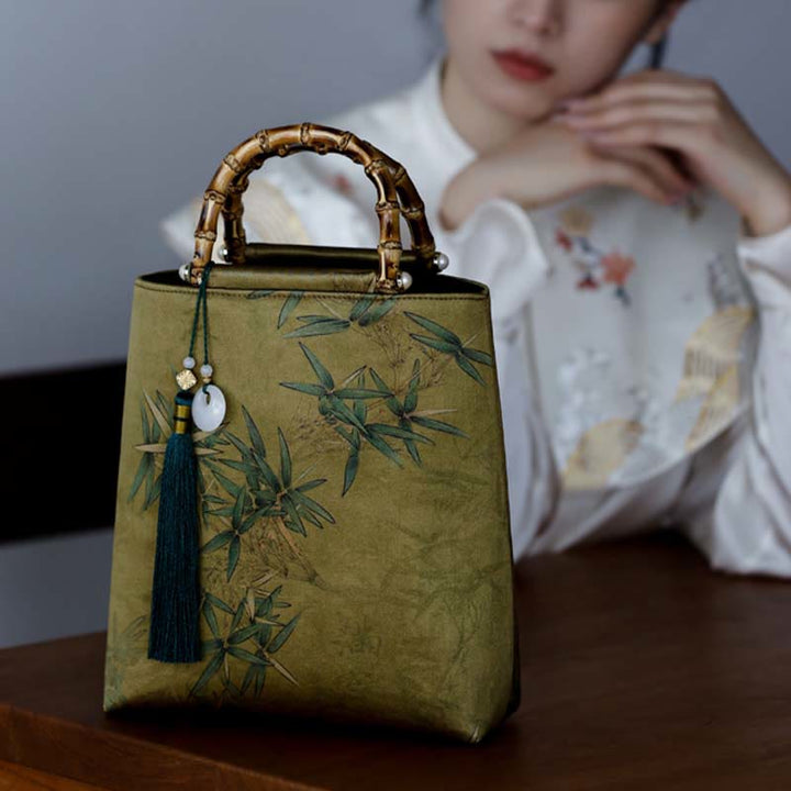 Sac à main avec poignées en bambou et feuilles de bambou jaunes et vertes en Buddha Stones