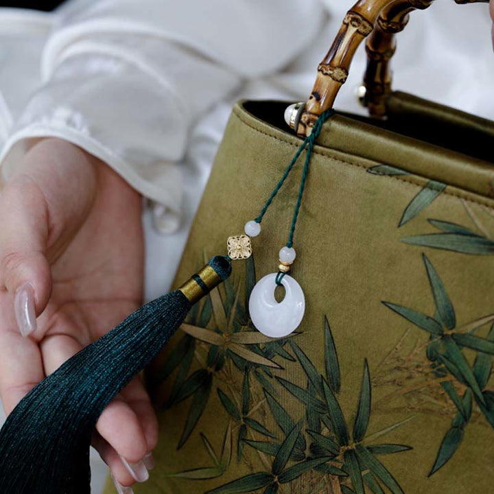 Sac à main avec poignées en bambou et feuilles de bambou jaunes et vertes en Buddha Stones