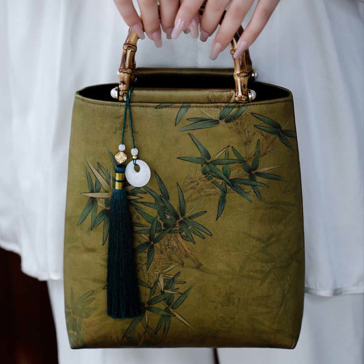 Sac à main avec poignées en bambou et feuilles de bambou jaunes et vertes en Buddha Stones