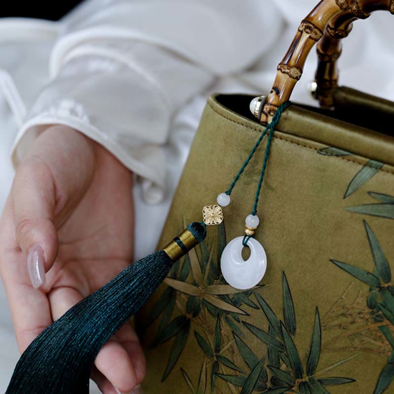 Sac à main avec poignées en bambou et feuilles de bambou jaunes et vertes en Buddha Stones