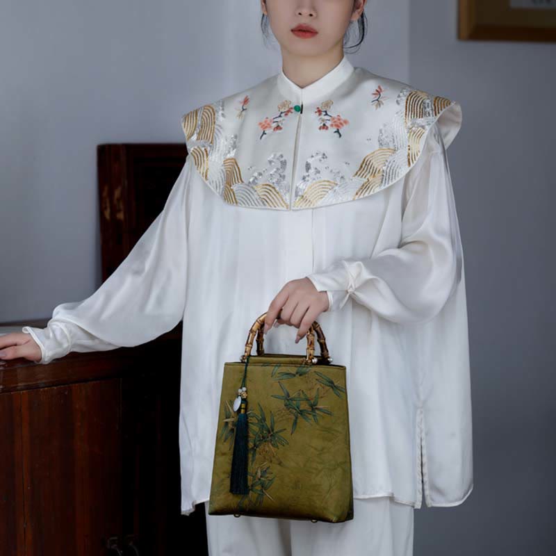 Sac à main avec poignées en bambou et feuilles de bambou jaunes et vertes en Buddha Stones