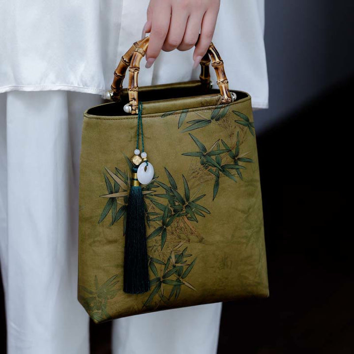 Sac à main avec poignées en bambou et feuilles de bambou jaunes et vertes en Buddha Stones