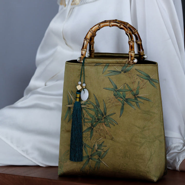 Sac à main avec poignées en bambou et feuilles de bambou jaunes et vertes en Buddha Stones