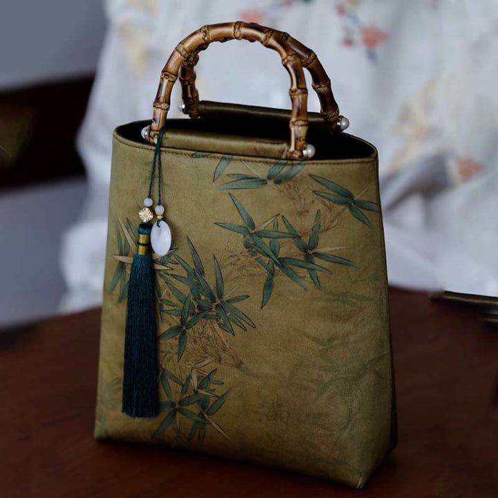 Sac à main avec poignées en bambou et feuilles de bambou jaunes et vertes en Buddha Stones