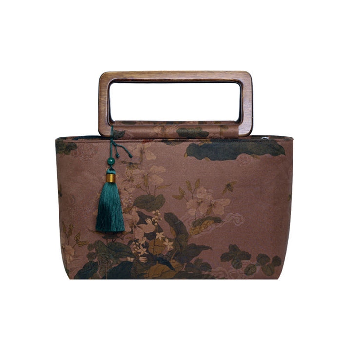 Sac à main vintage en Buddha Stones avec fleurs brunes et feuilles de bambou vertes et poignées en bois et fermeture éclair
