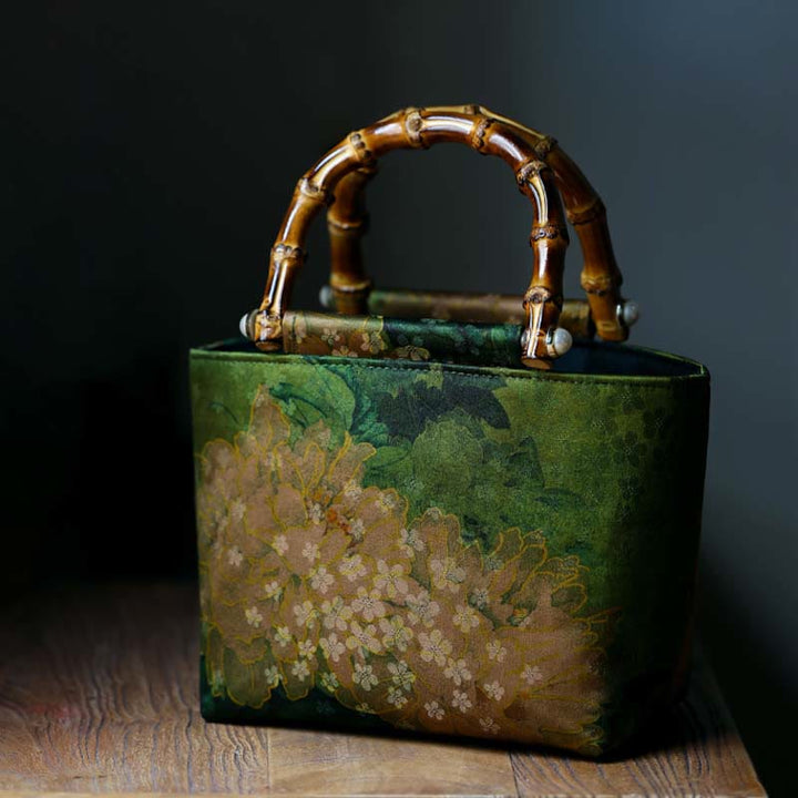 Sac à main avec poignées en bambou et Buddha Stones, branches d'oiseaux jaunes et fleurs de pivoine vertes