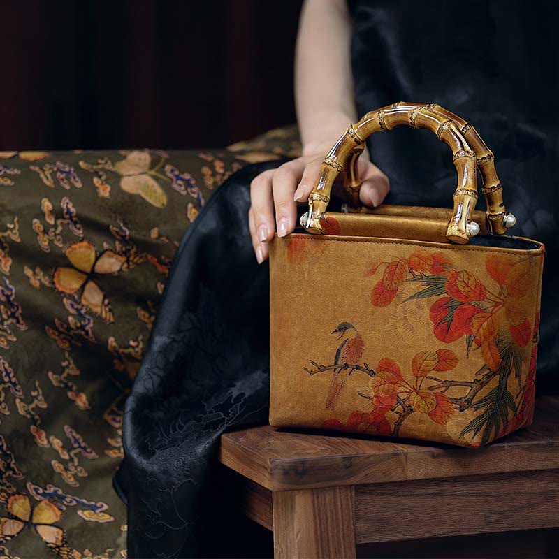Sac à main avec poignées en bambou et Buddha Stones, branches d'oiseaux jaunes et fleurs de pivoine vertes
