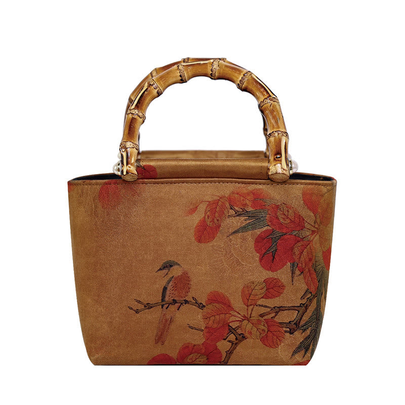 Sac à main avec poignées en bambou et Buddha Stones, branches d'oiseaux jaunes et fleurs de pivoine vertes