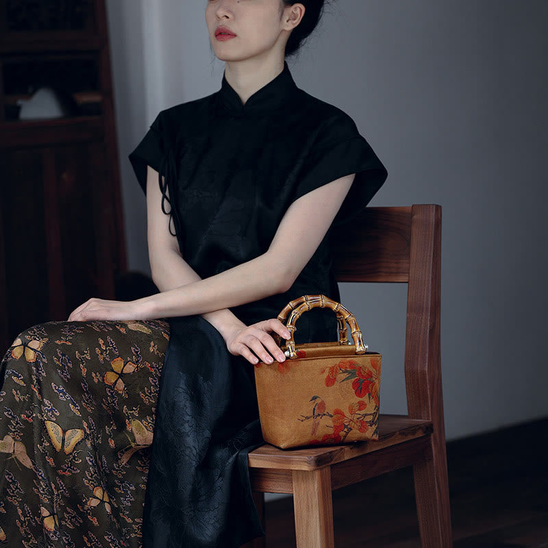 Sac à main avec poignées en bambou et Buddha Stones, branches d'oiseaux jaunes et fleurs de pivoine vertes