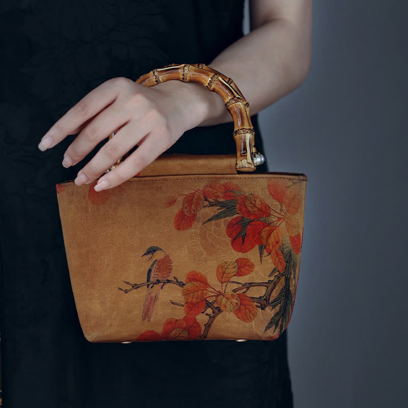 Sac à main avec poignées en bambou et Buddha Stones, branches d'oiseaux jaunes et fleurs de pivoine vertes