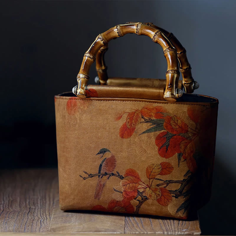 Sac à main avec poignées en bambou et Buddha Stones, branches d'oiseaux jaunes et fleurs de pivoine vertes