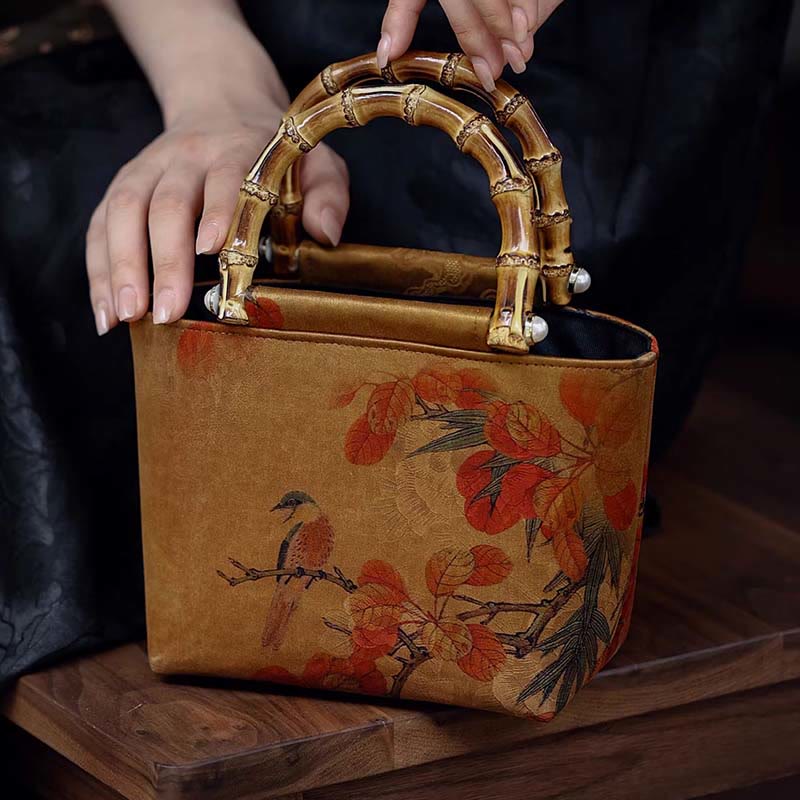 Sac à main avec poignées en bambou et Buddha Stones, branches d'oiseaux jaunes et fleurs de pivoine vertes
