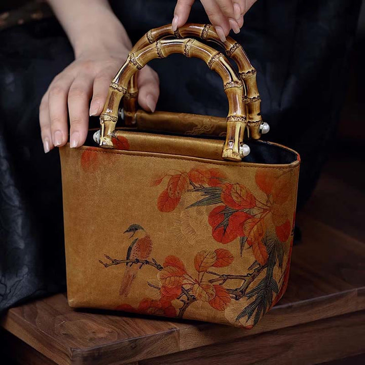 Sac à main avec poignées en bambou et Buddha Stones, branches d'oiseaux jaunes et fleurs de pivoine vertes