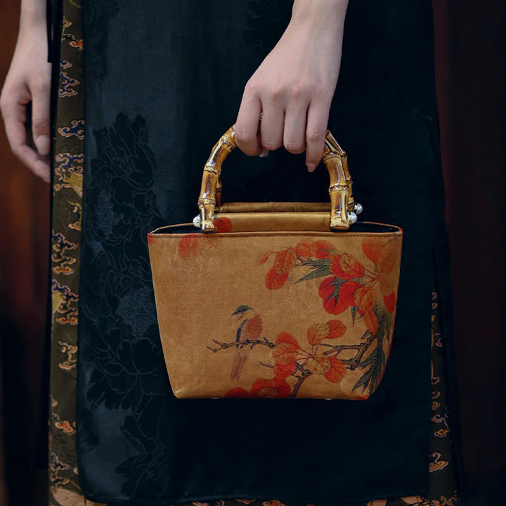 Sac à main avec poignées en bambou et Buddha Stones, branches d'oiseaux jaunes et fleurs de pivoine vertes