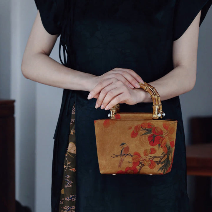 Sac à main avec poignées en bambou et Buddha Stones, branches d'oiseaux jaunes et fleurs de pivoine vertes