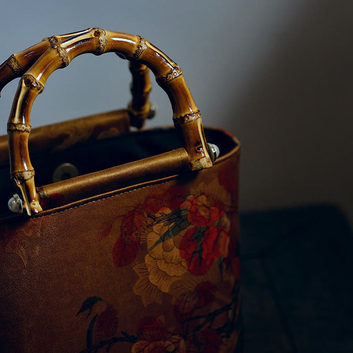 Sac à main avec poignées en bambou et Buddha Stones, branches d'oiseaux jaunes et fleurs de pivoine vertes