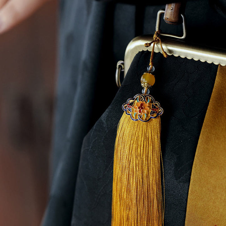 Sac à main avec poignées en bambou et Buddha Stones , branches d'oiseaux, fleurs de kaki