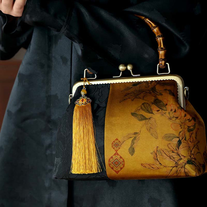 Sac à main avec poignées en bambou et Buddha Stones , branches d'oiseaux, fleurs de kaki
