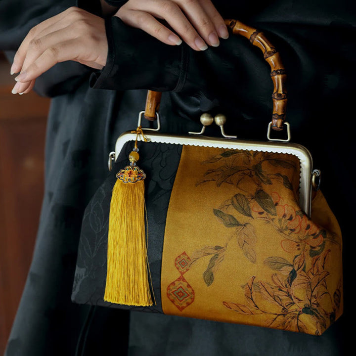Sac à main avec poignées en bambou et Buddha Stones , branches d'oiseaux, fleurs de kaki