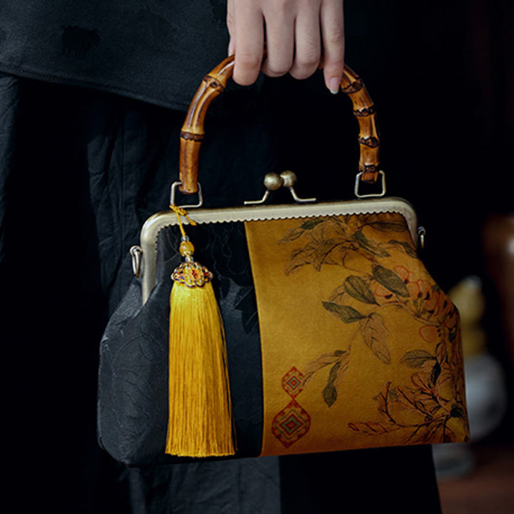 Sac à main avec poignées en bambou et Buddha Stones , branches d'oiseaux, fleurs de kaki
