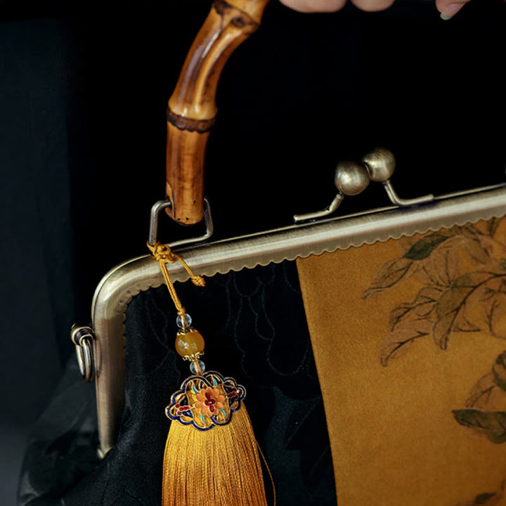 Sac à main avec poignées en bambou et Buddha Stones , branches d'oiseaux, fleurs de kaki