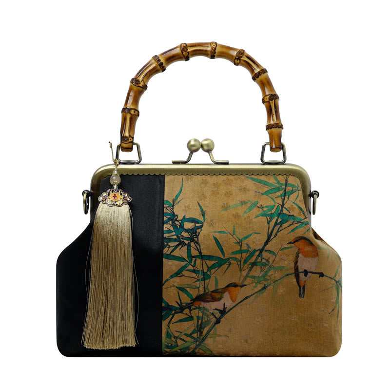 Sac à main avec poignées en bambou et Buddha Stones , branches d'oiseaux, fleurs de kaki