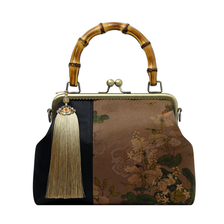 Sac à main avec poignées en bambou et Buddha Stones , branches d'oiseaux, fleurs de kaki