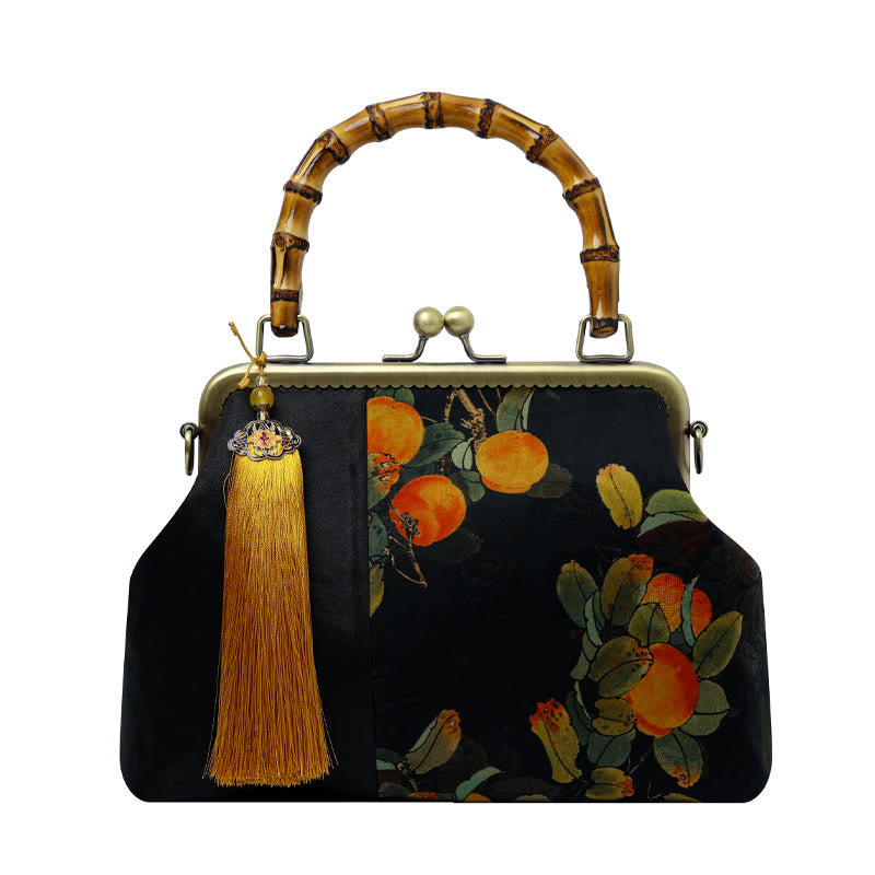 Sac à main avec poignées en bambou et Buddha Stones , branches d'oiseaux, fleurs de kaki