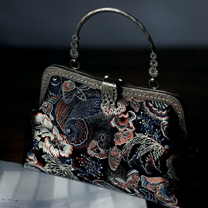 Sac à main avec poignée en métal et Buddha Stones et fleurs papillons
