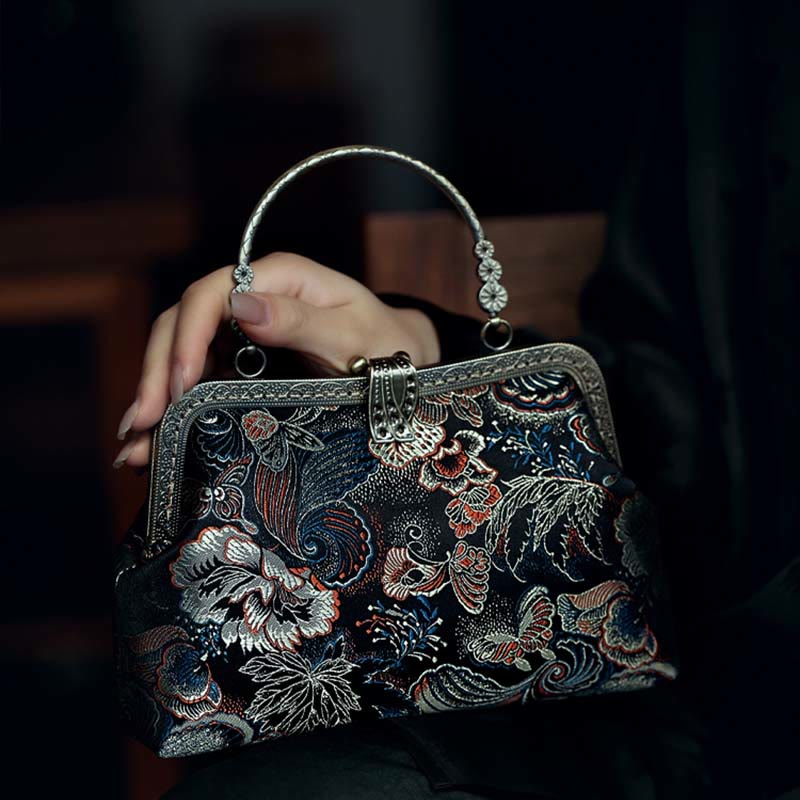 Sac à main avec poignée en métal et Buddha Stones et fleurs papillons