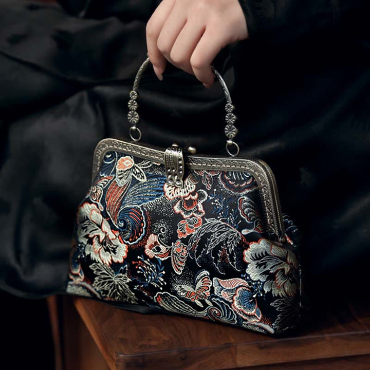 Sac à main avec poignée en métal et Buddha Stones et fleurs papillons