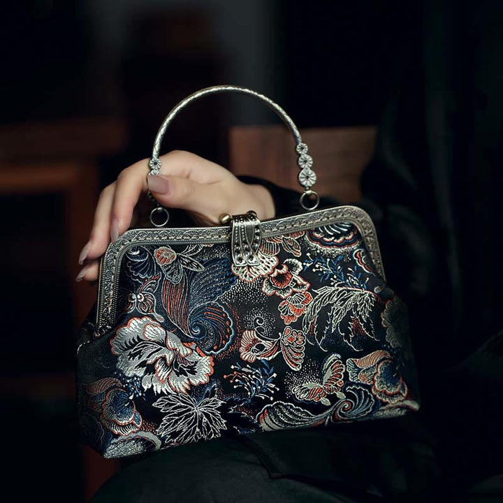 Sac à main avec poignée en métal et Buddha Stones et fleurs papillons