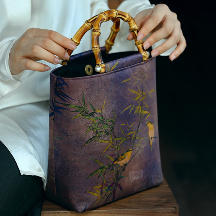 Sac à main avec poignées en bambou et branches d'oiseaux violets et Buddha Stones