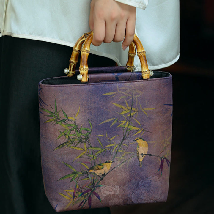 Sac à main avec poignées en bambou et branches d'oiseaux violets et Buddha Stones
