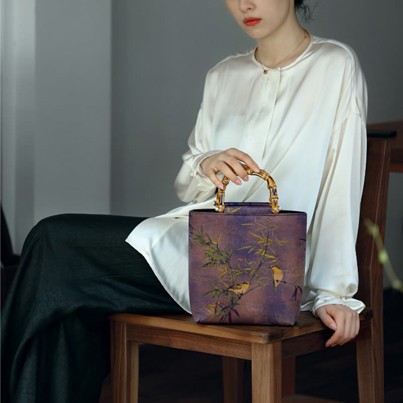 Sac à main avec poignées en bambou et branches d'oiseaux violets et Buddha Stones