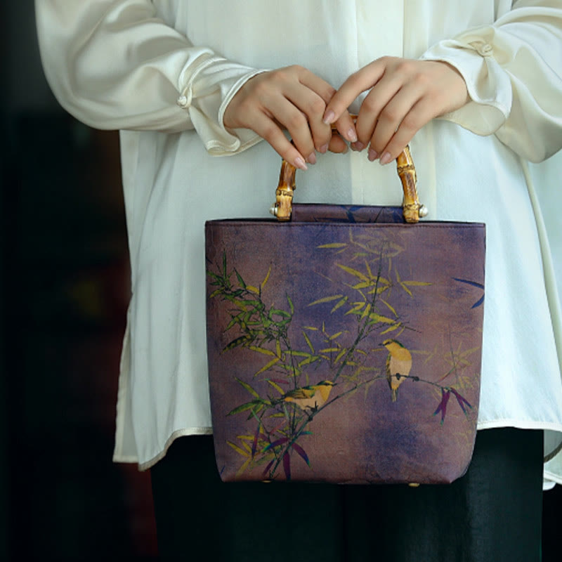 Sac à main avec poignées en bambou et branches d'oiseaux violets et Buddha Stones