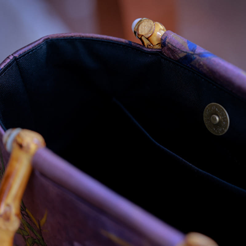 Sac à main avec poignées en bambou et branches d'oiseaux violets et Buddha Stones