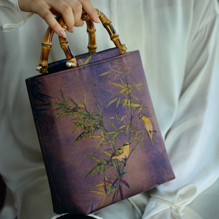 Sac à main avec poignées en bambou et branches d'oiseaux violets et Buddha Stones
