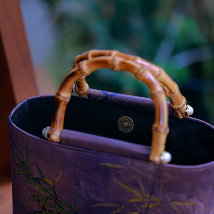 Sac à main avec poignées en bambou et branches d'oiseaux violets et Buddha Stones