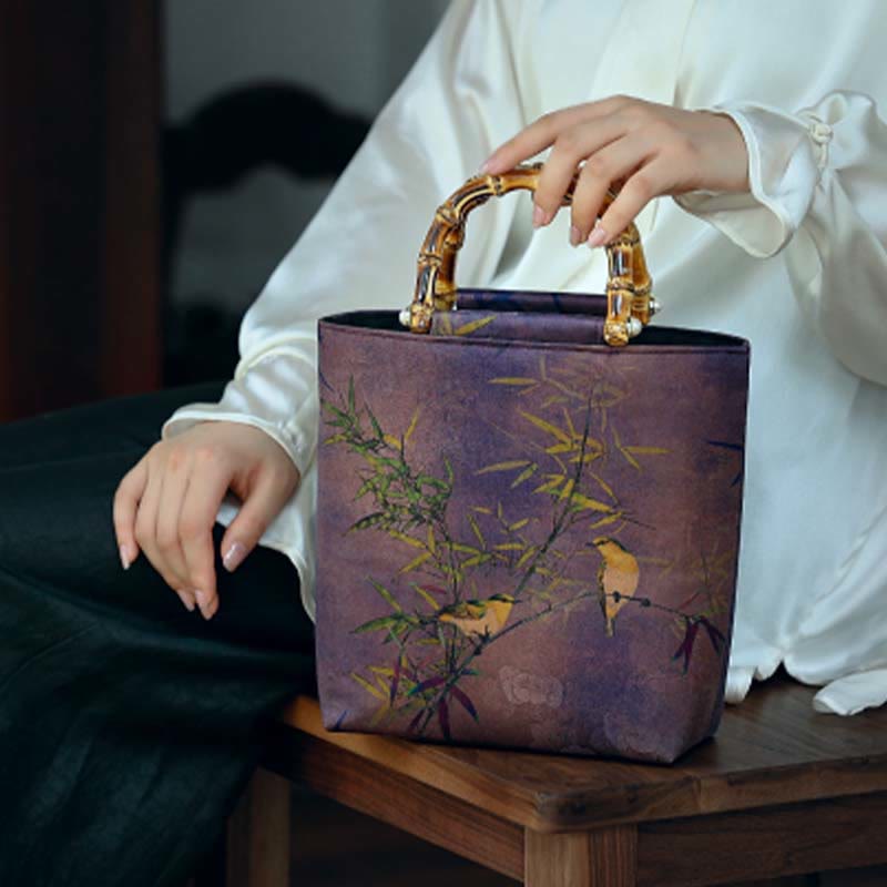 Sac à main avec poignées en bambou et branches d'oiseaux violets et Buddha Stones