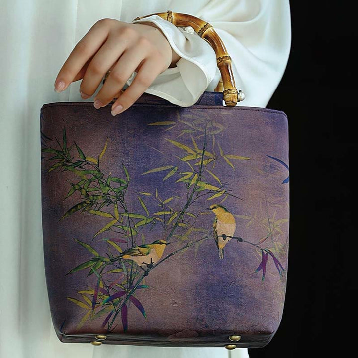 Sac à main avec poignées en bambou et branches d'oiseaux violets et Buddha Stones
