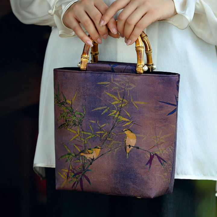 Sac à main avec poignées en bambou et branches d'oiseaux violets et Buddha Stones
