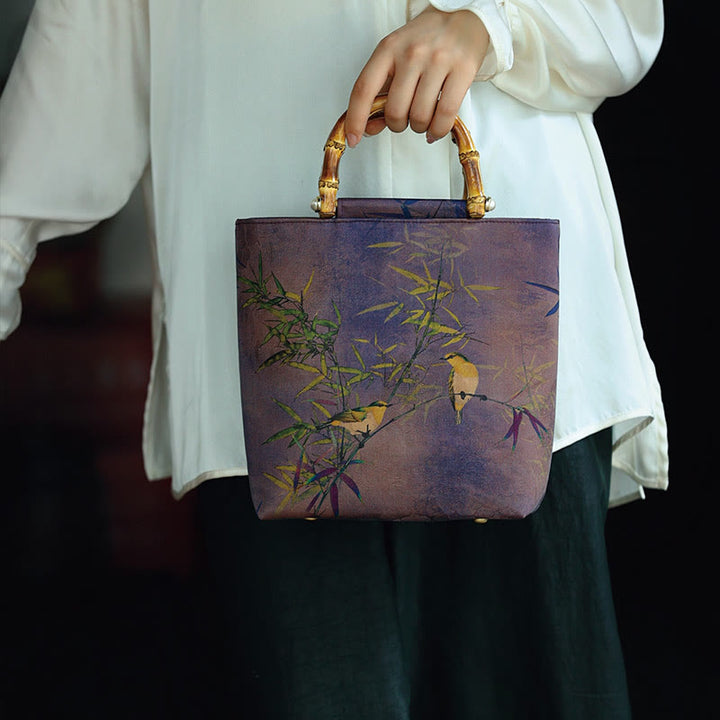 Sac à main avec poignées en bambou et branches d'oiseaux violets et Buddha Stones