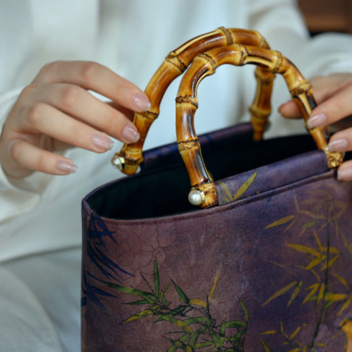 Sac à main avec poignées en bambou et branches d'oiseaux violets et Buddha Stones