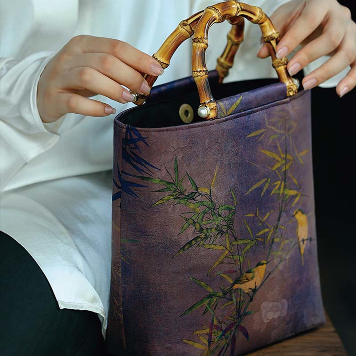 Sac à main avec poignées en bambou et branches d'oiseaux violets et Buddha Stones