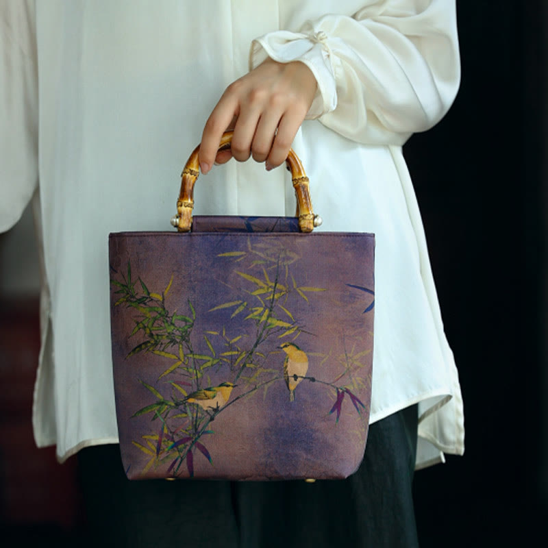 Sac à main avec poignées en bambou et branches d'oiseaux violets et Buddha Stones