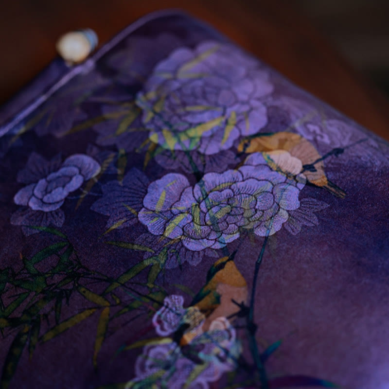 Sac à main avec poignées en bambou et branches d'oiseaux violets et Buddha Stones